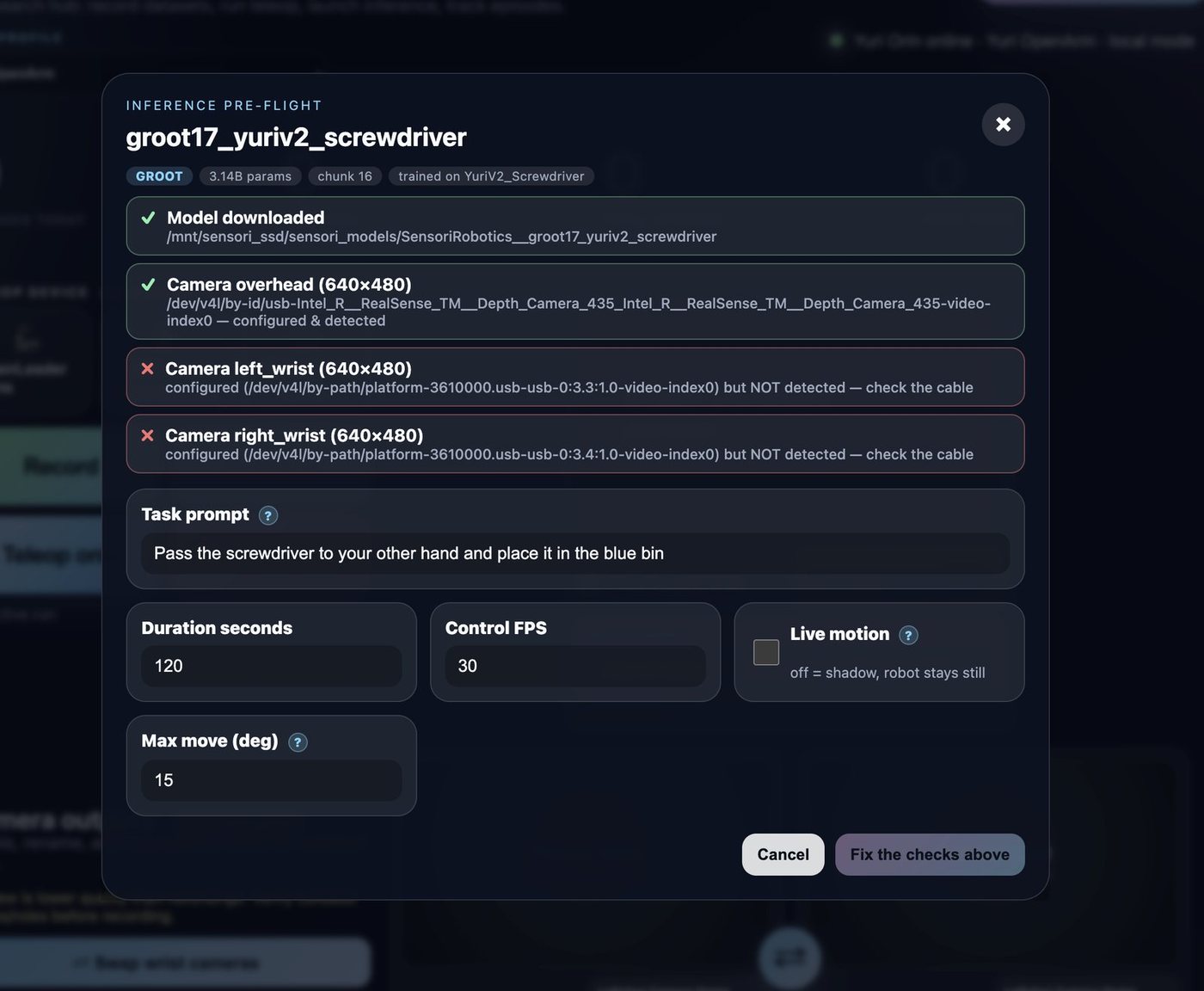 Telepath pre-flight checklist reporting two cameras not detected and keeping Start locked